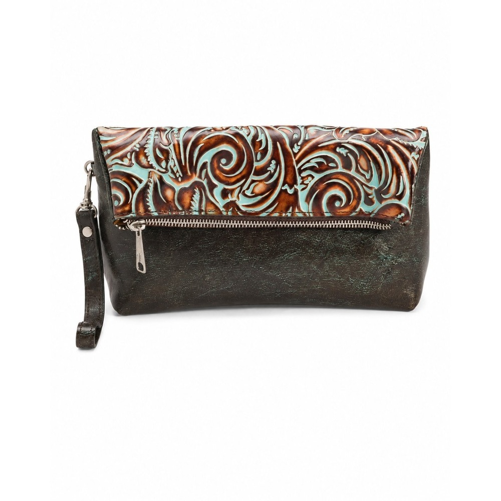 Patricia Nash Valerie Tooled Turquoise Leather Foldover Clutch Wristlet